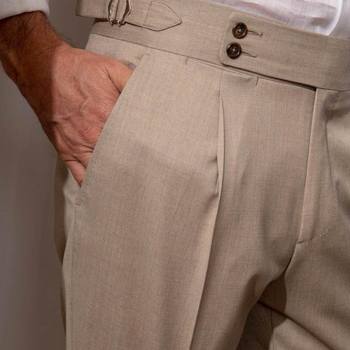 Premium Sand Beige Gurkha Pants — Double Pleated Modern Slim Fit Tailored Trousers