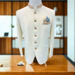 Men’s Premium White Nehru Jacket – Slim Fit Zardozi Bandhgala Blazer With Pant