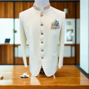 Men’s Premium White Nehru Jacket – Slim Fit Zardozi Bandhgala Blazer With Pant