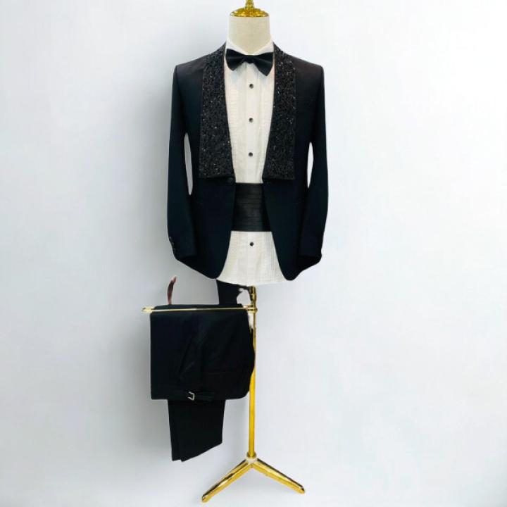 Men’s Black Luxury Tuxedo Suit with Zardozi worked Shawl Lapel – Slim Fit With Pant