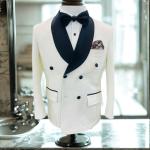 Men’s White Jacquard Tuxedo Blazer – Modern Fit Double-Breasted Formal Tuxedo suit, Bow Tie