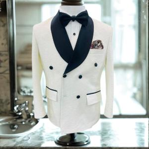 Men’s White Jacquard Tuxedo Blazer – Modern Fit Double-Breasted Formal Tuxedo suit, Bow Tie