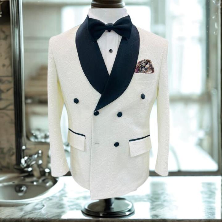 Men’s White Jacquard Tuxedo Blazer – Modern Fit Double-Breasted Formal Tuxedo suit, Bow Tie
