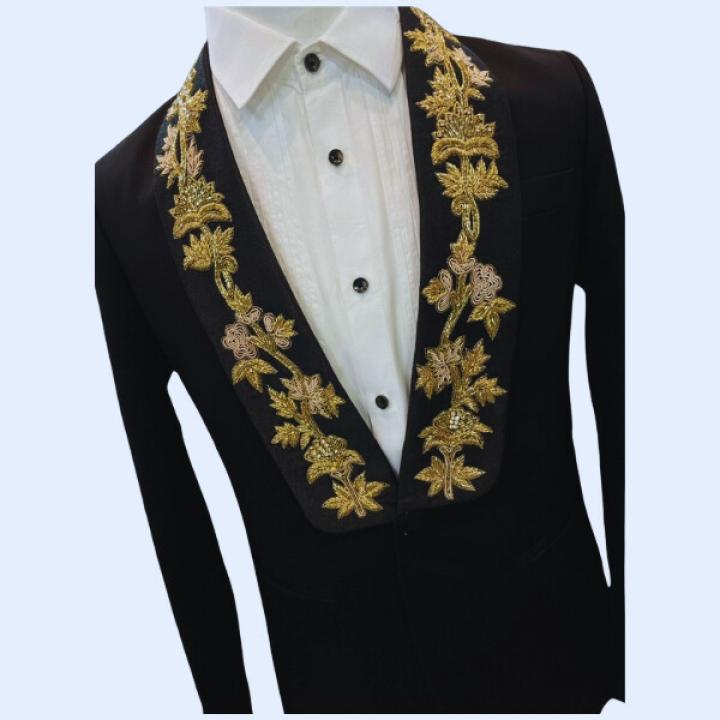 Luxury Black Men’s Blazer with Gold Zardoji Worked Shawl Lapel